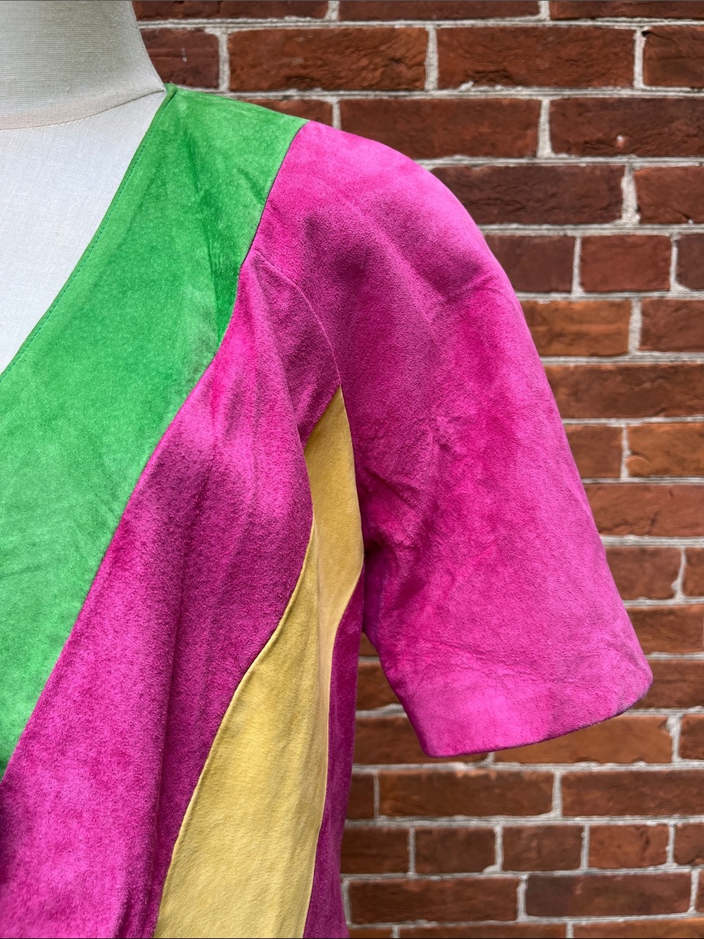 Danier Pink Green Yellow Colourblock Suede V-Neck Button Front Jacket - Picture 2 of 7